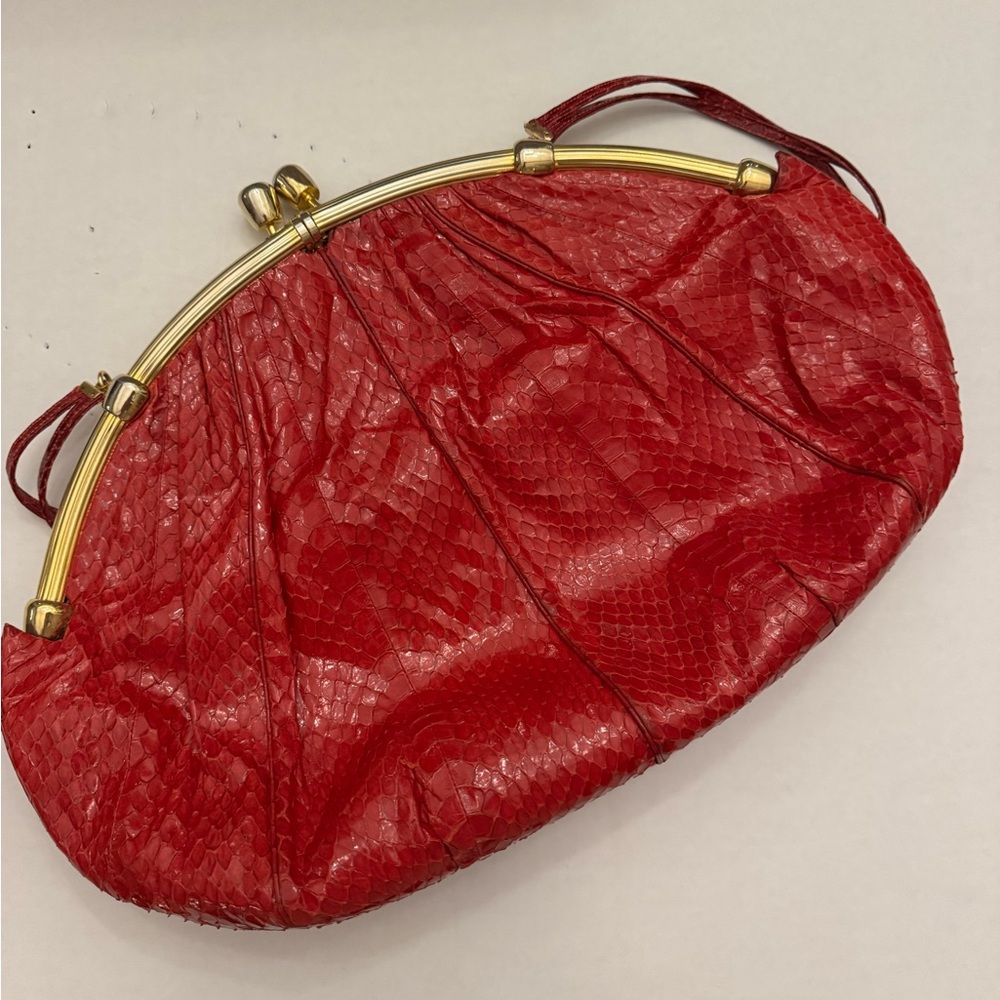 Judith Leiber Red Snakeskin Clutch with Gold Accents